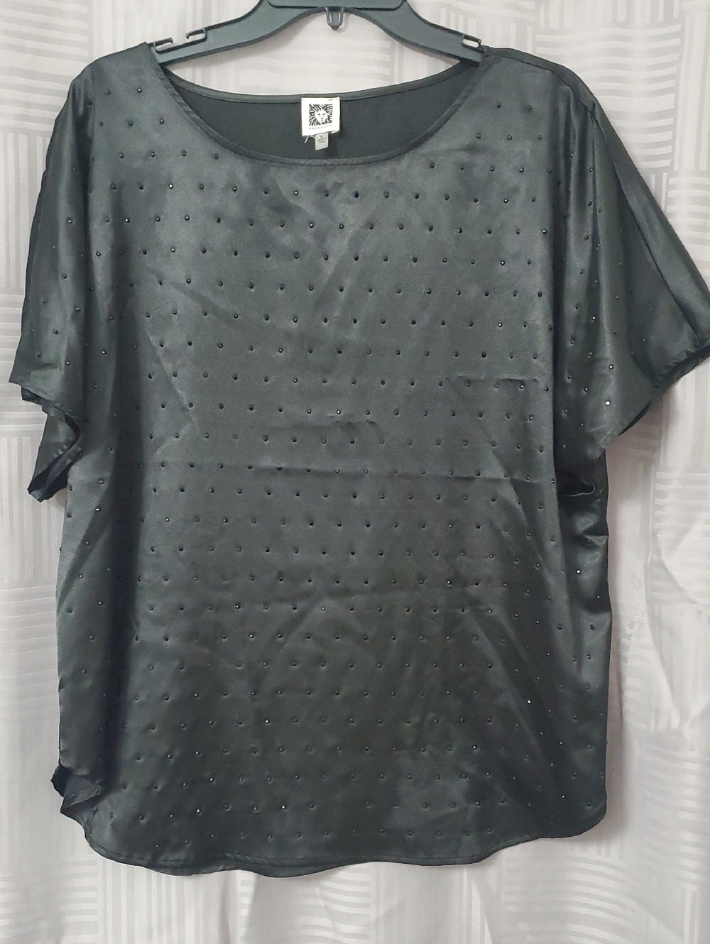Anne Klein Black Satin Short-Sleeve Top with Stud Accents